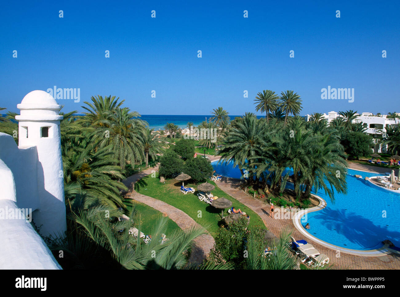 Tunisia Djerba island Hotel Odyssee Zarzis Oasis Africa North Africa Mediterranean Sea coast island Pool bea Stock Photo