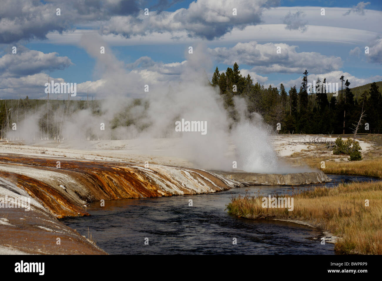 Iron Spring Creek hot spring in the Black Sands Basin in Yellowstone National Park in Wyoming, United States Stock Photo