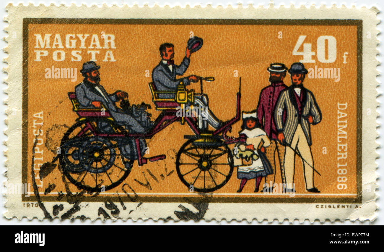 HUNGARY -- CIRCA 1970: A stamp printed in Hungary shows vintage car Daimler - 1896 year, circa 1970 Stock Photo