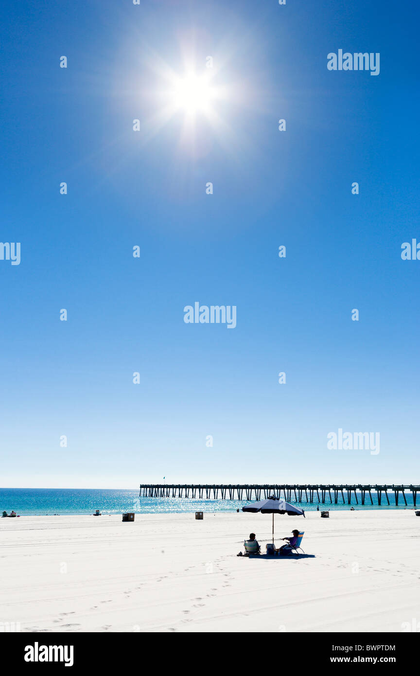 Beach near the pier and resort center, Pensacola Beach, Santa Rosa Island, Gulf Coast, Florida, USA Stock Photo