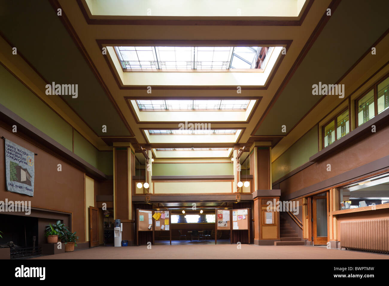 interior of community room of Frank Lloyd Wright designed Unity Temple, Oak Park, Illinois, USA Stock Photo