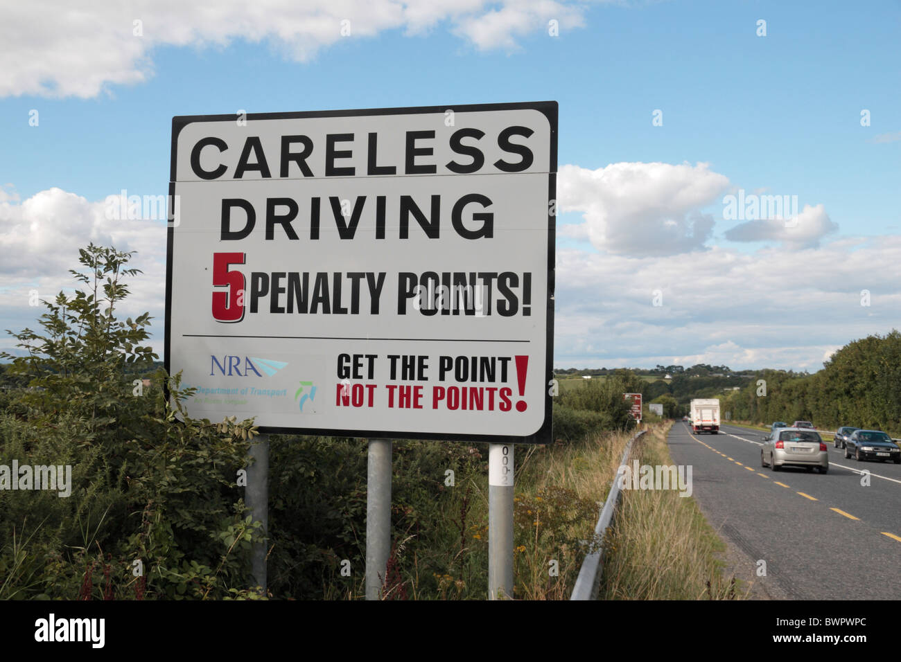 A 'Careless Driving' warning side on the N11 roadside in County Wexford, Ireland, Eire. Stock Photo