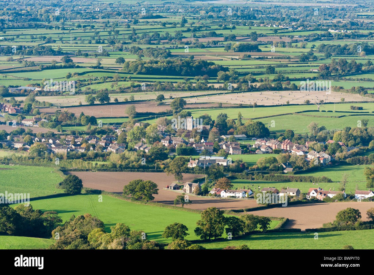 The Severn Vale village of Coaley, Gloucestershire viewed from Cam Long Down Stock Photo