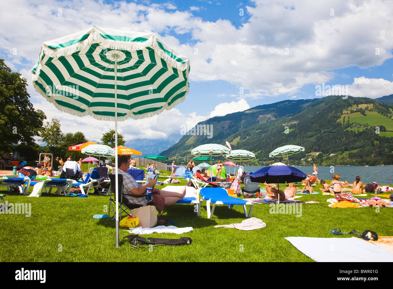Zell Am See Lake in Austria. View of the lido on the lake shore. Stock Photo