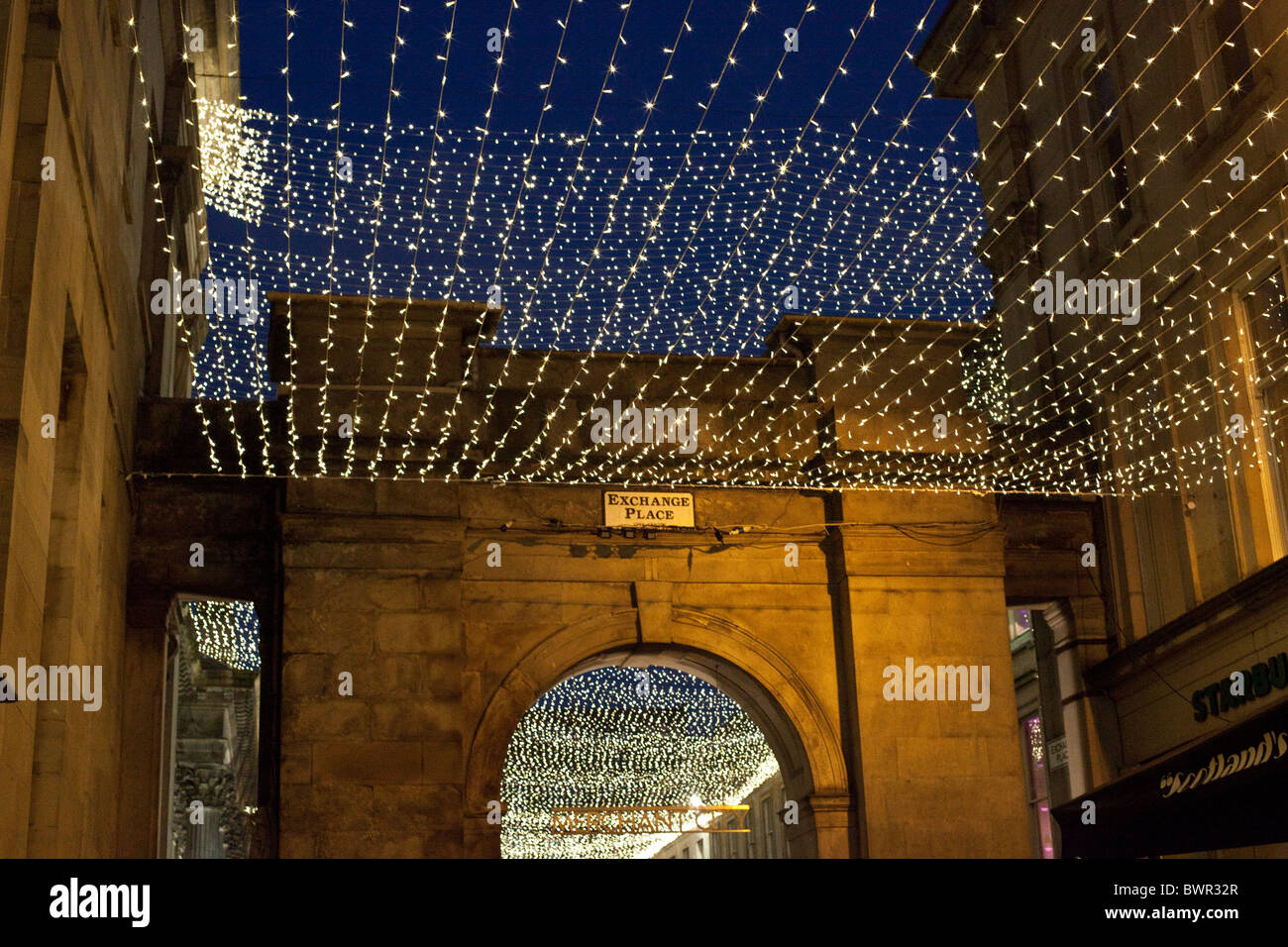 Merchant City Glasgow at night at Christmas Stock Photo