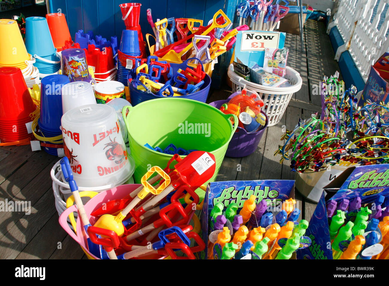 plastic buckets and spades toys at souvenir gift shop on llandudno pier