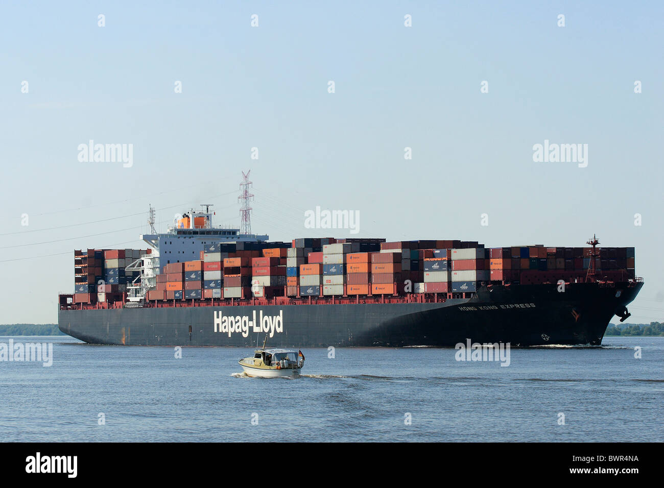 Germany Europe Hamburg harbor harbor port River Elbe Hong Kong Express Hapag-Lloyd Container ship freighter Stock Photo