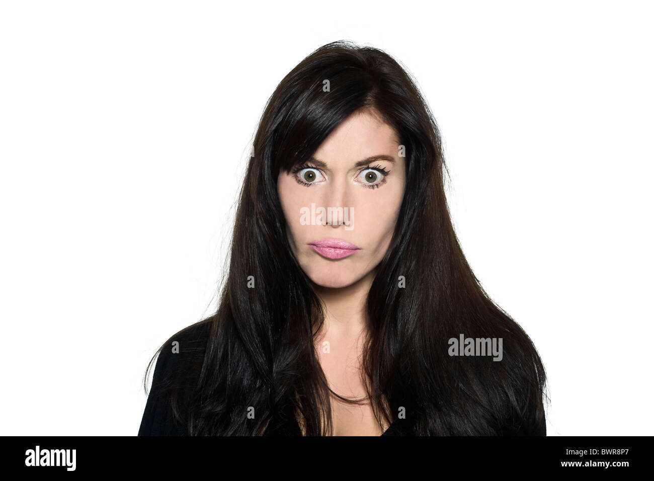 studio shot portrait on isolated white background of a Beautiful Woman confusion silly stupid angry Stock Photo