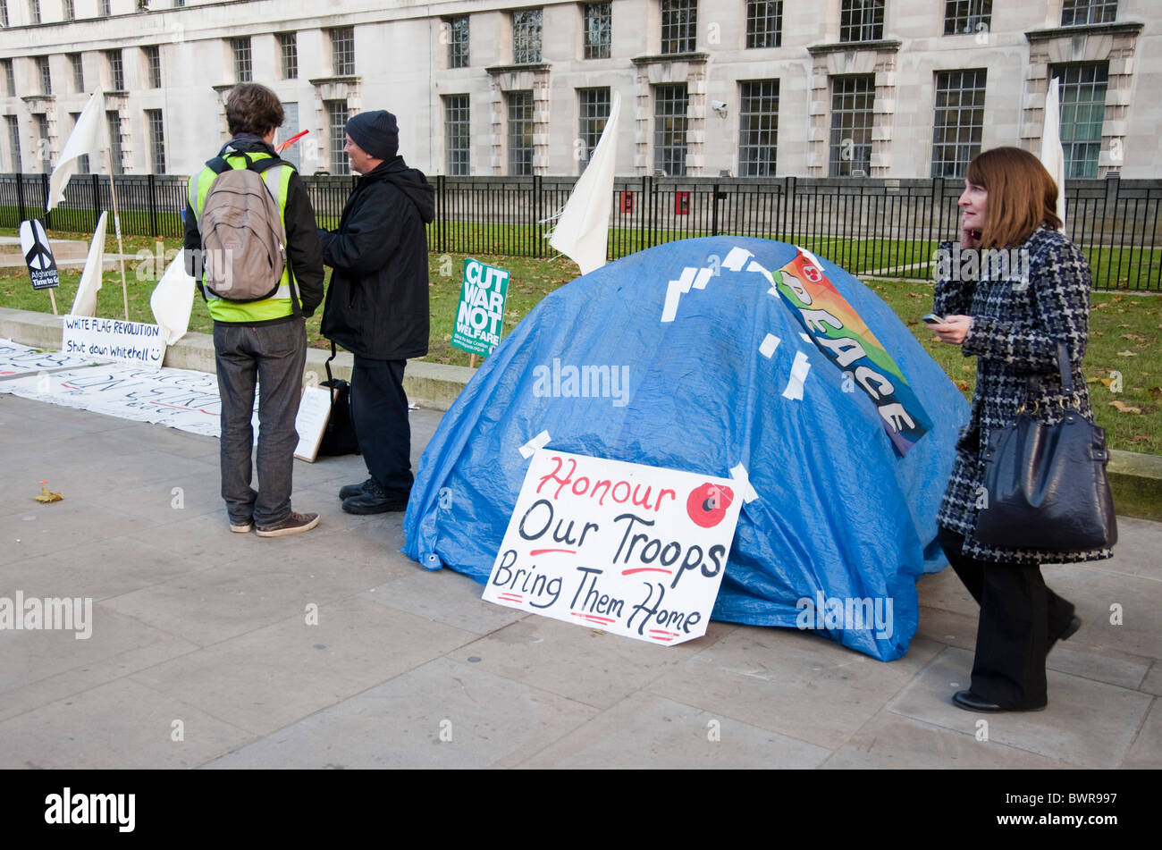 Peace campaign tent in Whitehall,London during student Demonstration against tuition fee rise.24/11/2010 Stock Photo