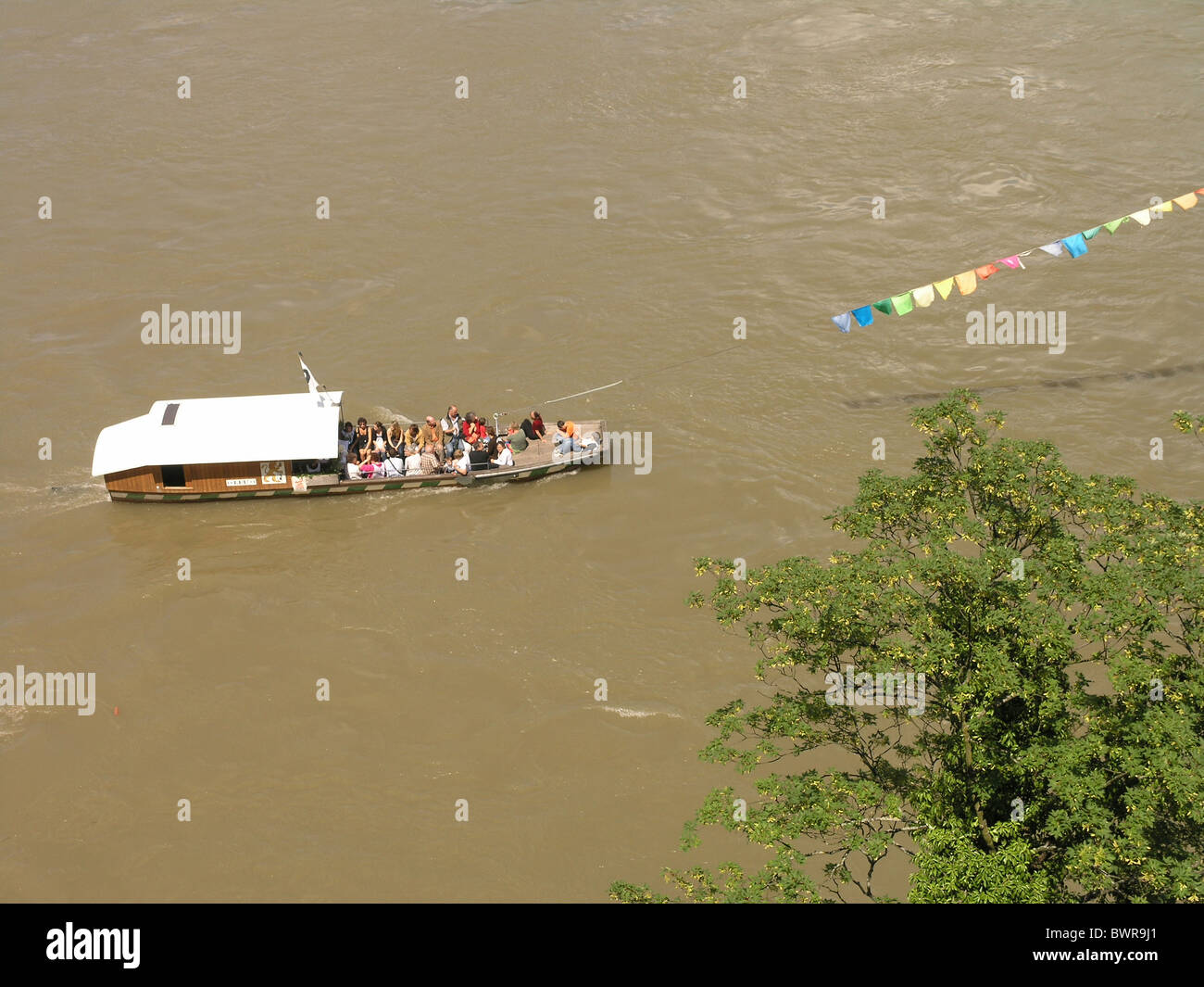 Switzerland Europe Basel City Rhine River Rhine ferry passengers Boat transport Stock Photo