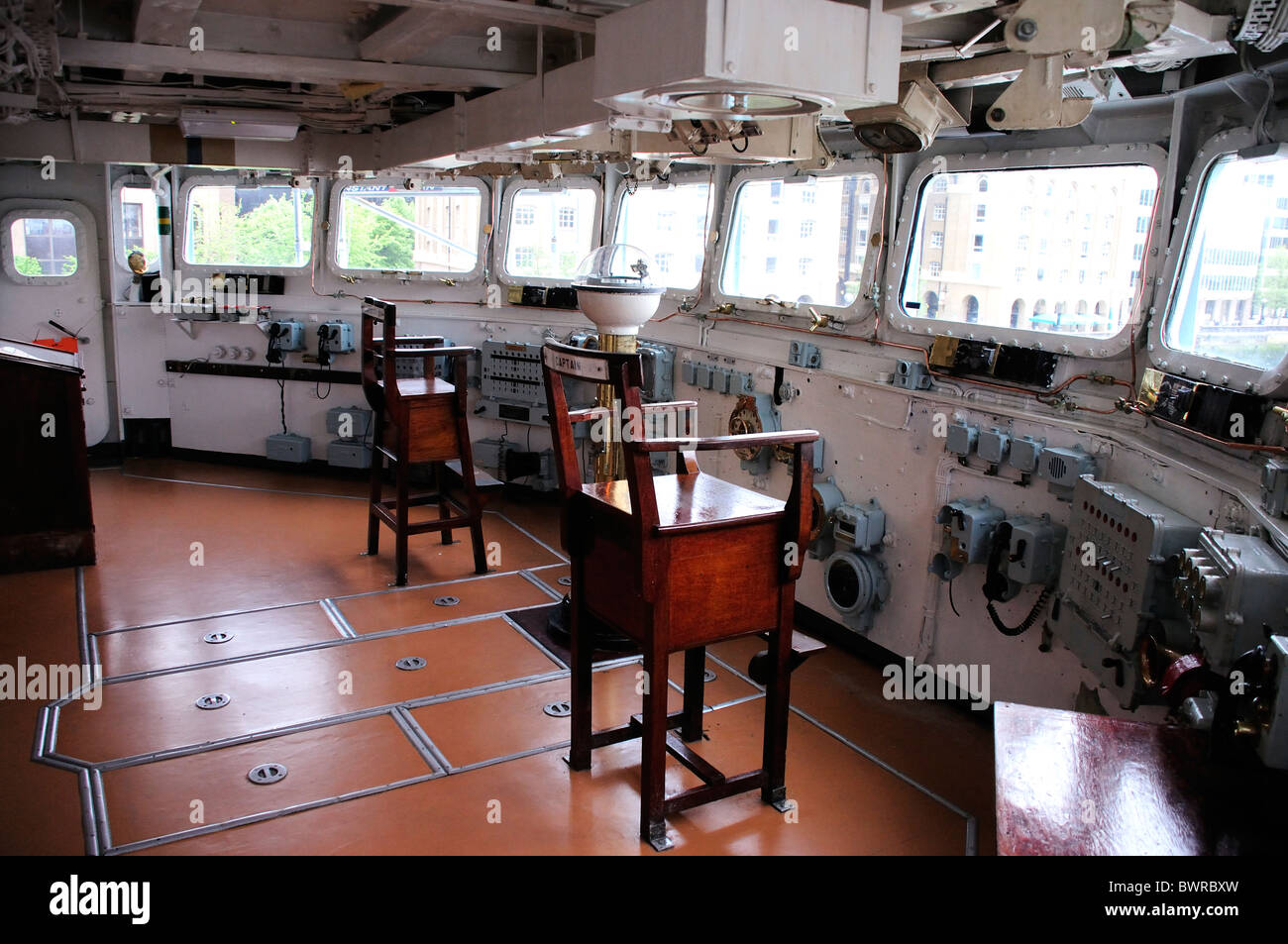 Control deck, HMS Belfast, River Thames, London, England Stock Photo