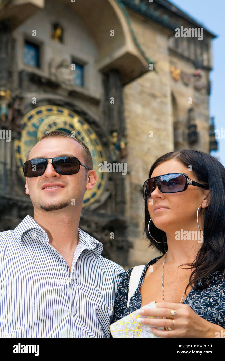 Czech Republic Prague 25-30 years Adults Astronomical clock Boyfriend City City Hall Couple Day Daytime Eur Stock Photo
