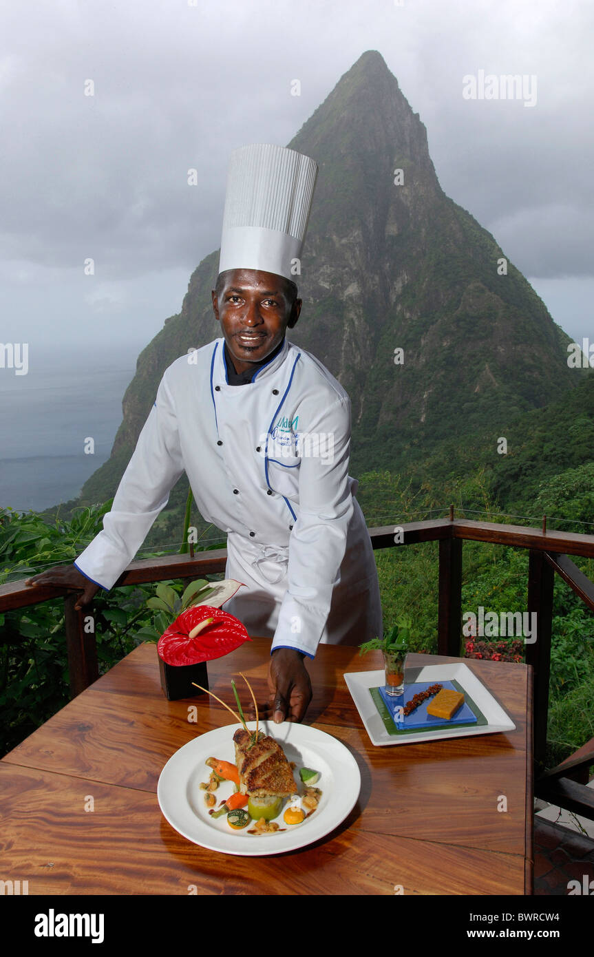 Saint Lucia Dasheene Restaurant Ladera Resort Hotel near Soufriere Pitons Caribbean Island Chef Orlando Satche Stock Photo