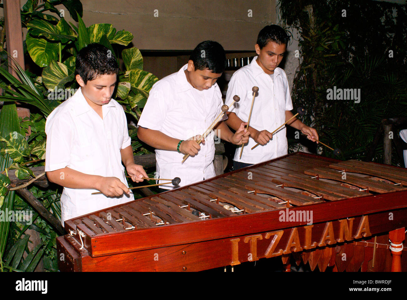 Young boys playing the marimba in Flores, El Peten, Guatemala Stock Photo