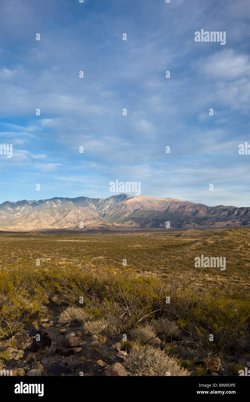 Looking across the Sierra Blanca basin towards the Southern Rocky Mountains from Three Rivers Petroglyph Site, New Mexico USA. Stock Photo