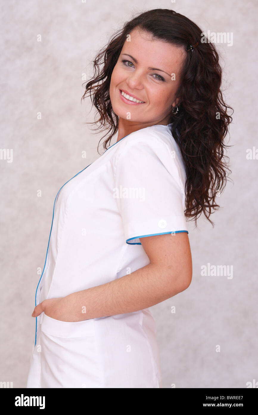 Nurse Uniform hospital smile smiling Dress woman young white Girl Laboratory science scientific medicine Stock Photo