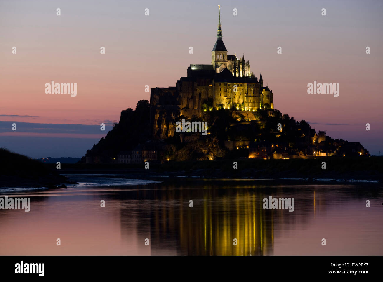 France Europe Mont Saint-Michel Architecture Dammerung Church Coast Sea Ocean Summer Tageszeit Water UNESC Stock Photo