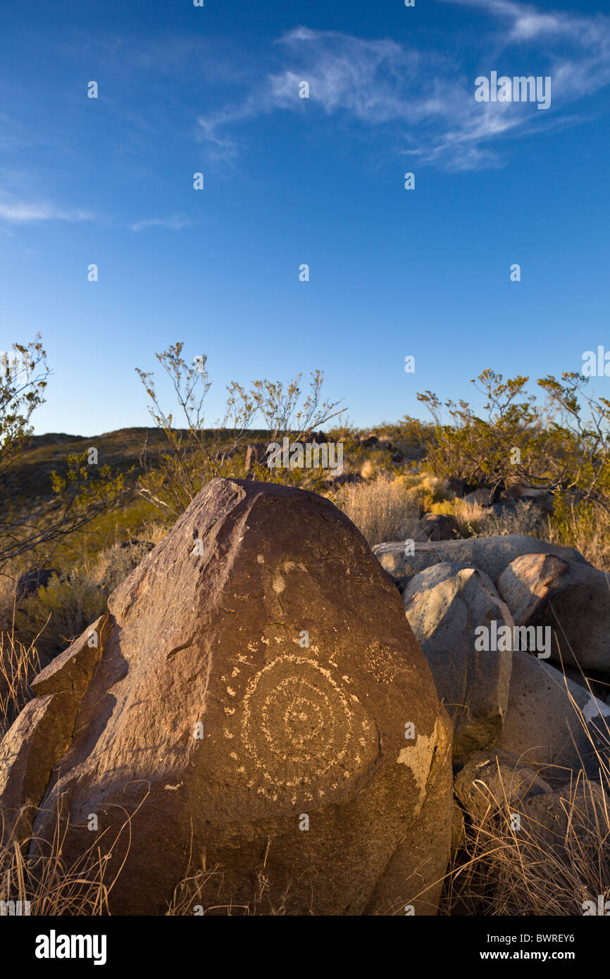 Petroglyph of circle and dot motif by the Jornada Mogollon Native Americans at the Three Rivers Petroglyph Site, New Mexico USA. Stock Photo