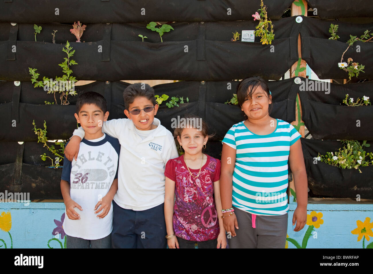 Woolly Pocket vertical garden hangers at the Downtown Value School, a charter school in downtown Los Angeles, California, USA Stock Photo