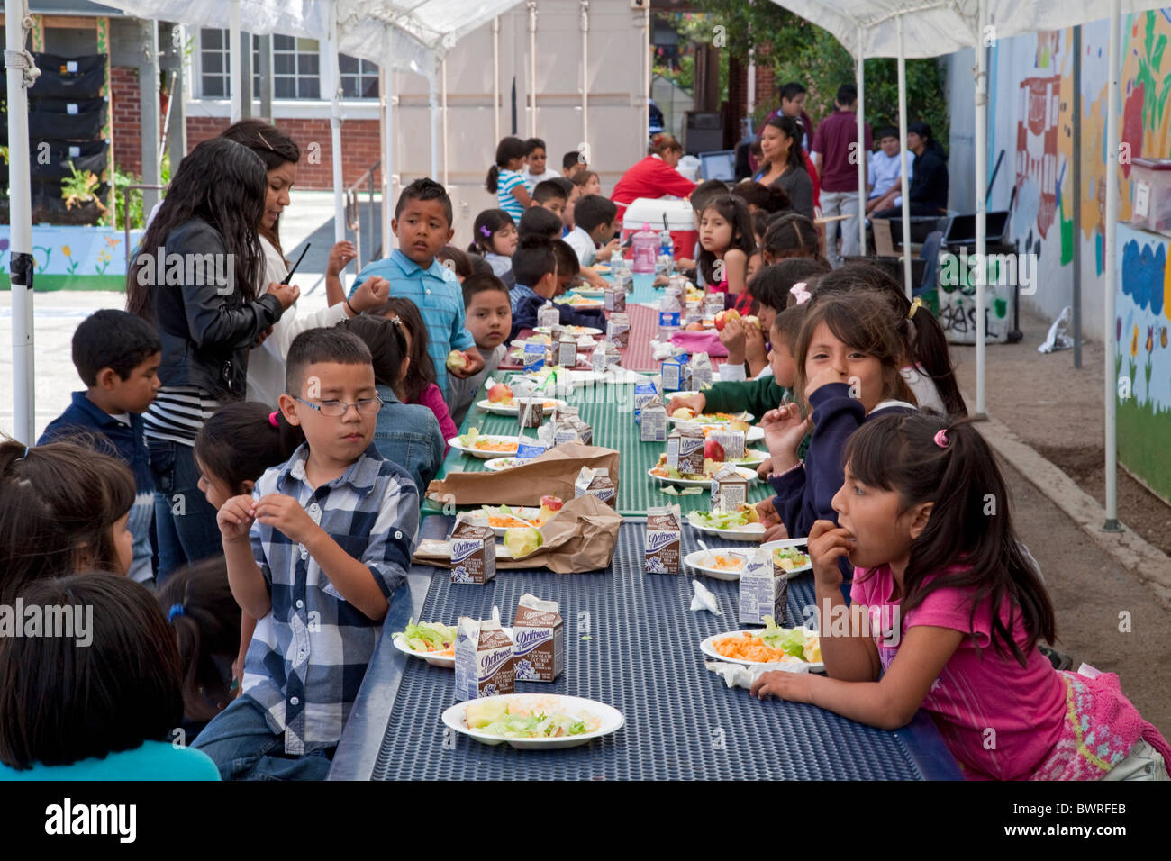 Students eating lunch at the Downtown Value School, a charter school in downtown Los Angeles. Stock Photo