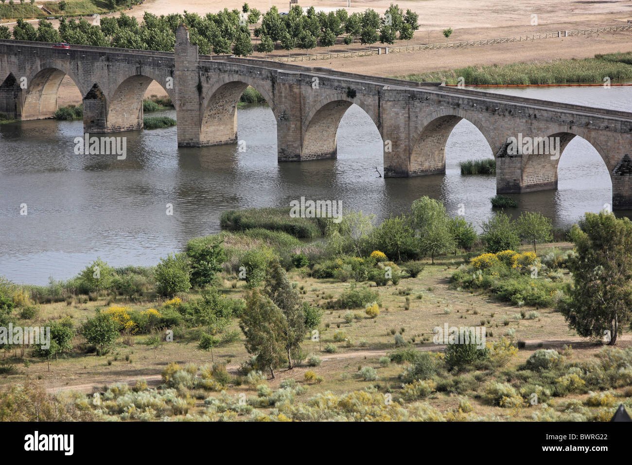 Spain Europe Medellin province of Badajoz Extremadura Region Guadiana river Landscape Overlook Overview Stone Stock Photo