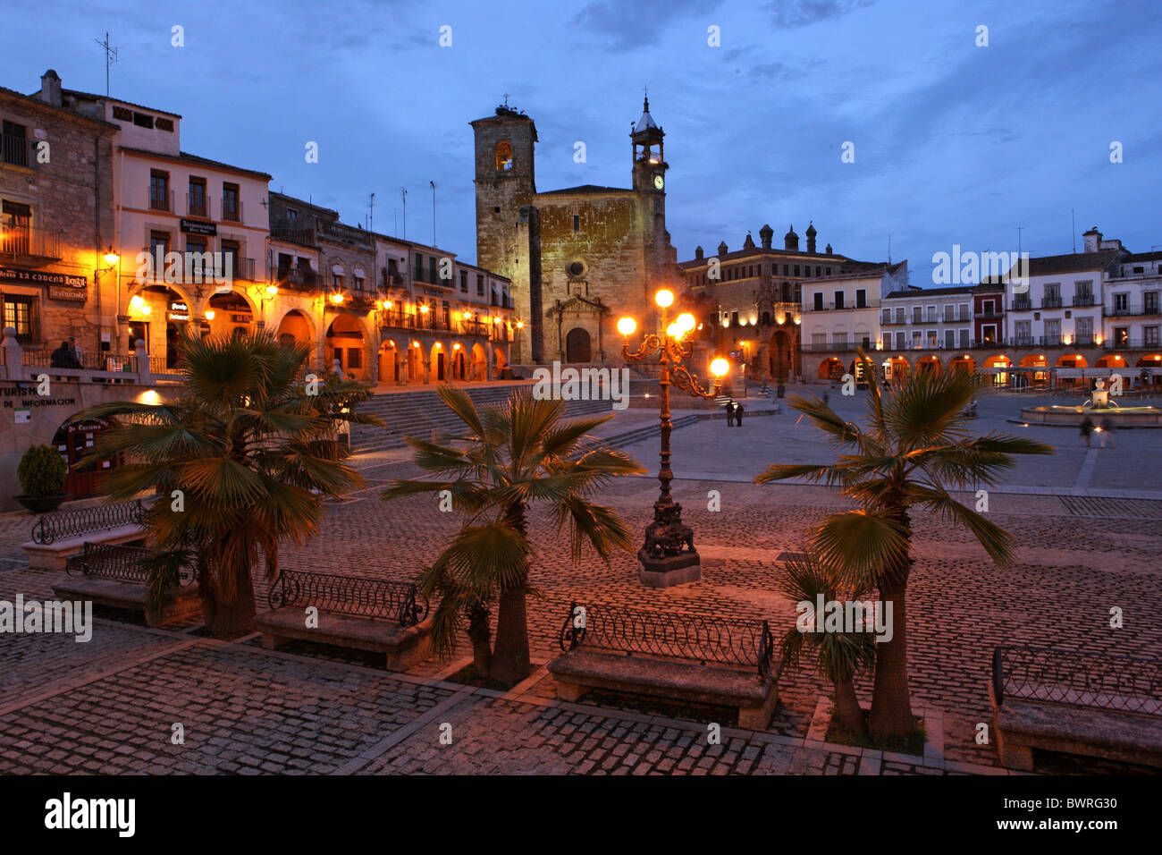 Spain Europe Trujillo city Province of Caceres Extremadura Region Plaza Mayor Old town Square Lanterns Palm t Stock Photo