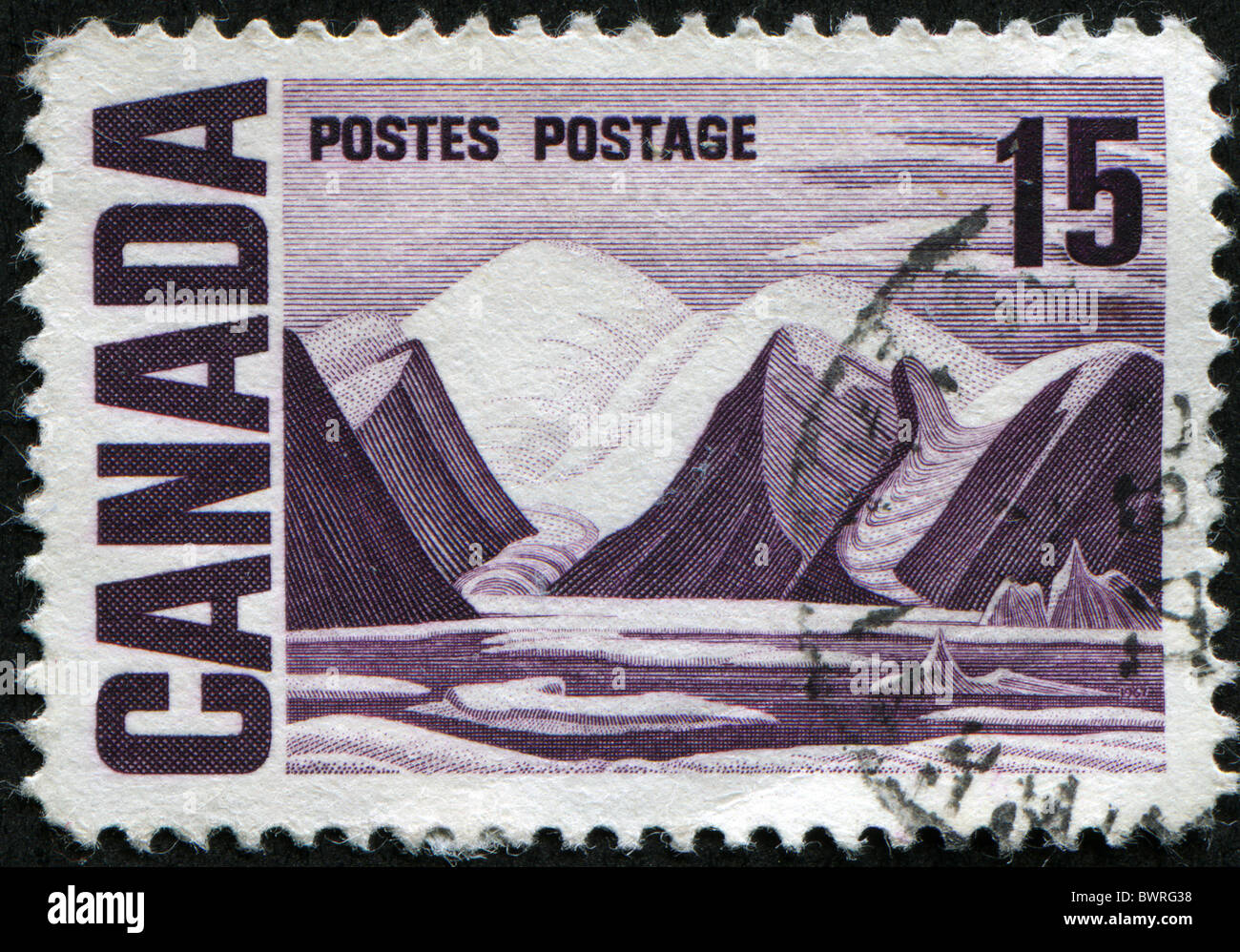 CANADA - CIRCA 1967: A stamp printed in Canada showing landscape with sea and mountains, circa 1967 Stock Photo