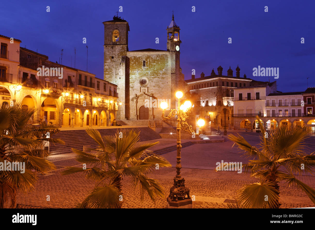 Spain Europe Trujillo city Province of Caceres Extremadura Region Plaza Mayor Old town Square Lanterns Palm t Stock Photo