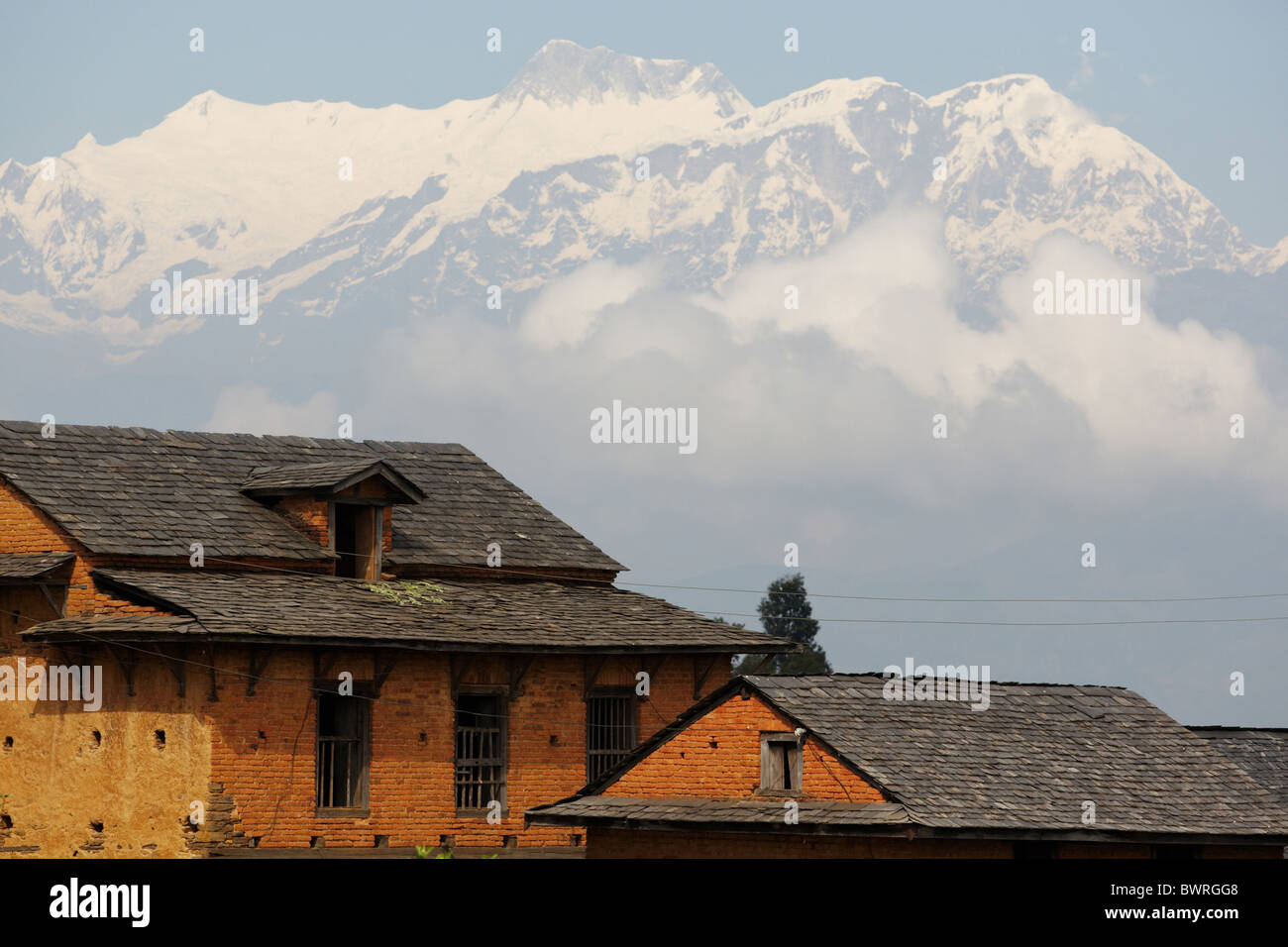 Rooftops and mountains in Bandipur, Nepal on Friday October 30, 2009. Stock Photo