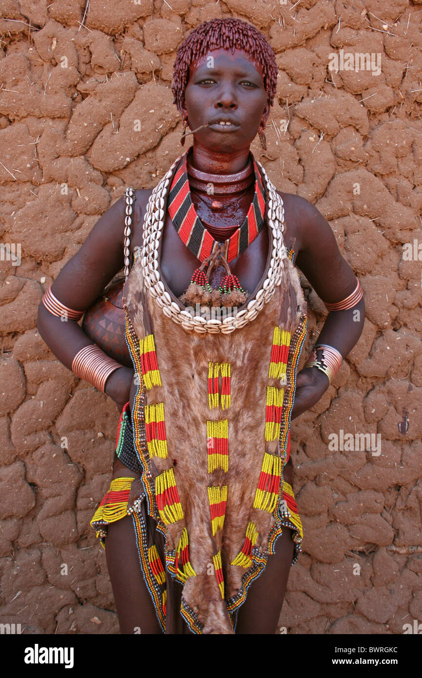 Hamer Tribe Woman Wearing Beaded Skin, Turmi, Omo Valley, Ethiopia Stock Photo