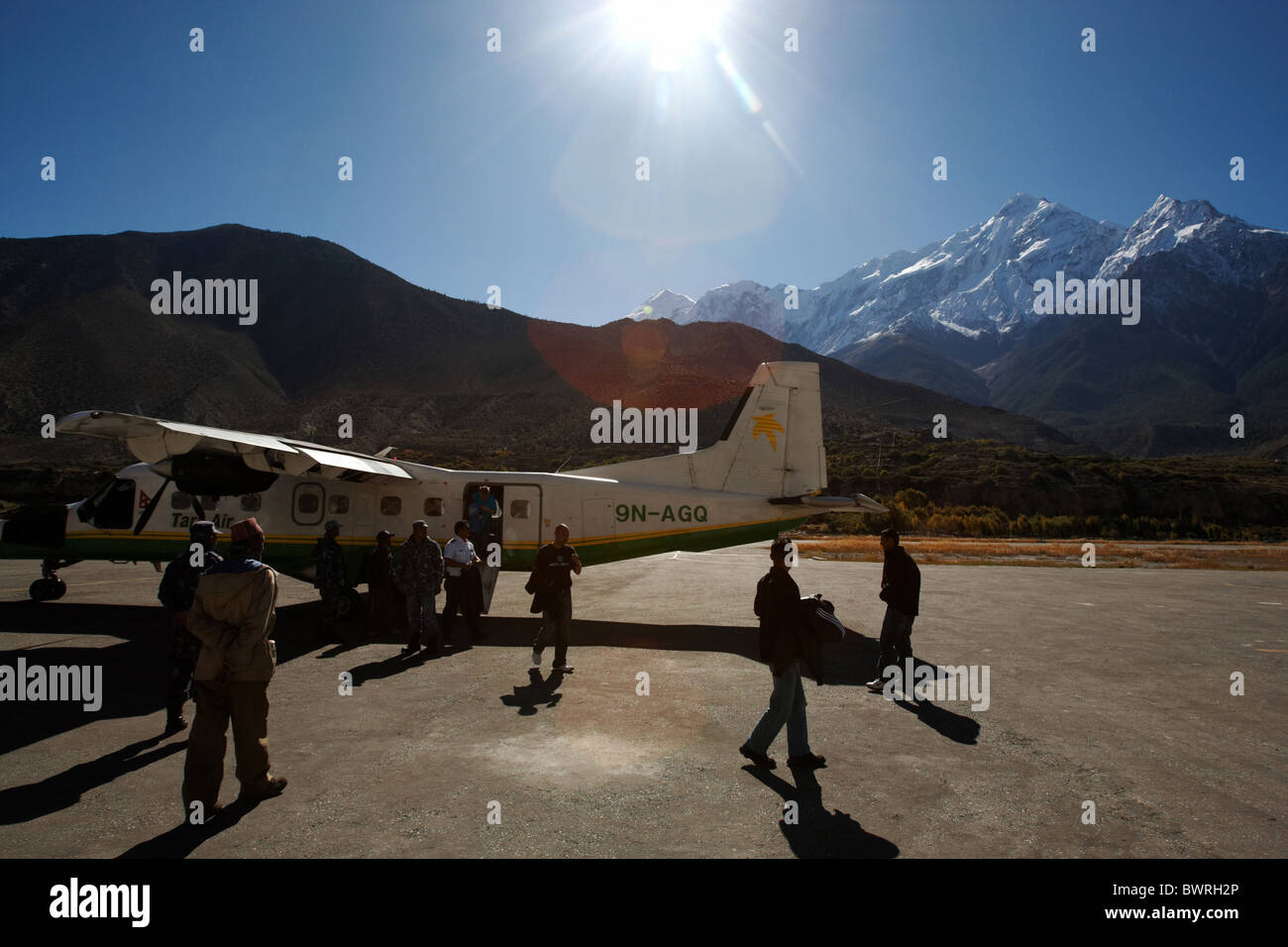 Plane on the tarmac of the airport after landing in Jomosom, Nepal on Saturday October 31, 2009. Stock Photo
