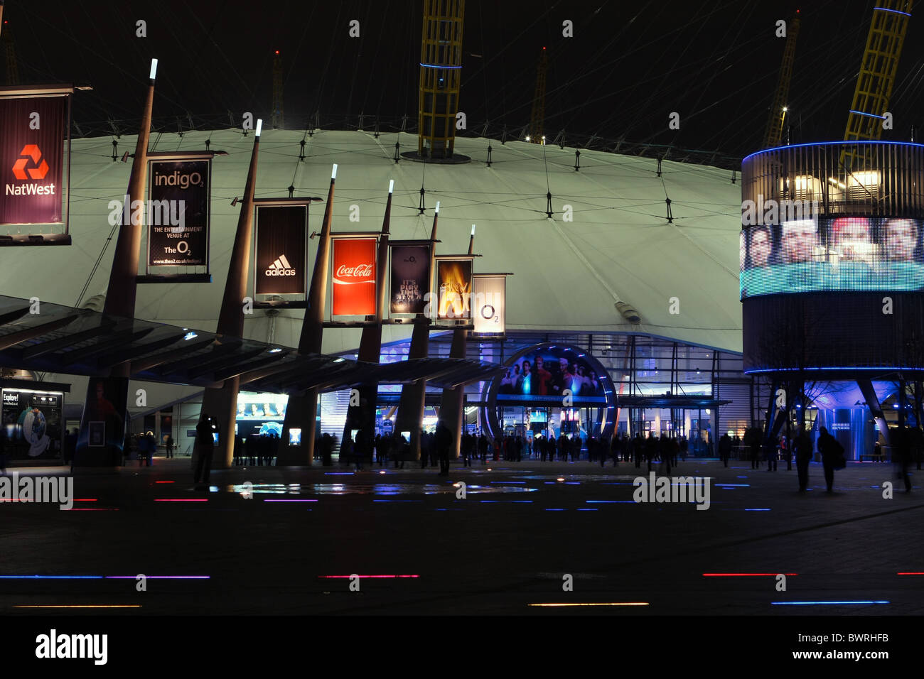 A night view of the entrance to the O2 Arena in London, England during the Barclays ATP World Tour tennis finals 2010 Stock Photo