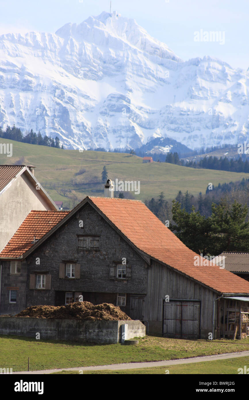 Switzerland Europe Appenzell Mount Santis mountain mountains alps hills farm farming agriculture house far Stock Photo