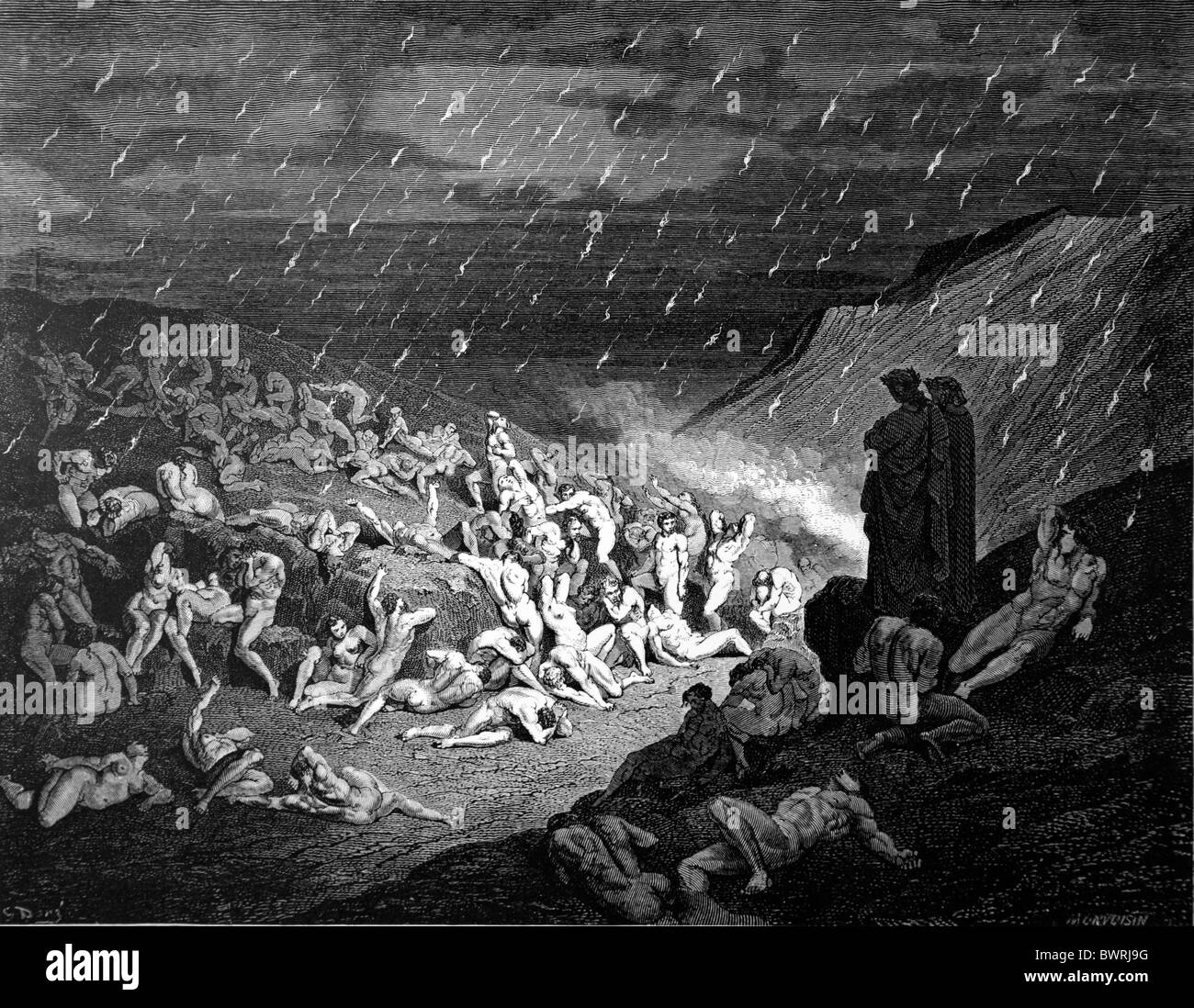 Gustave Doré; The Torture of the Fiery Rain from Dante Alighieri's Divine Comedy; Black and White Engraving Stock Photo