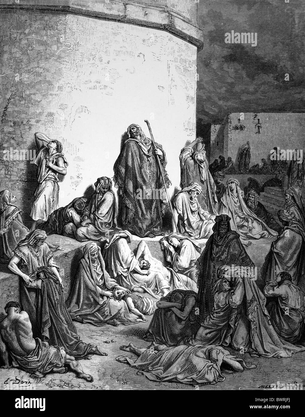 Gustave Doré; The People Mourning Over Jerusalem; Black and White Engraving Stock Photo