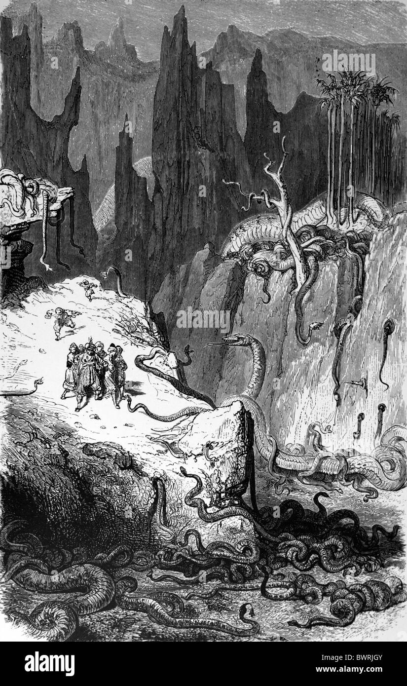 Gustave Doré; Sinbad Amongst the Serpents in The Valley of Diamonds; Black and White Engraving Stock Photo