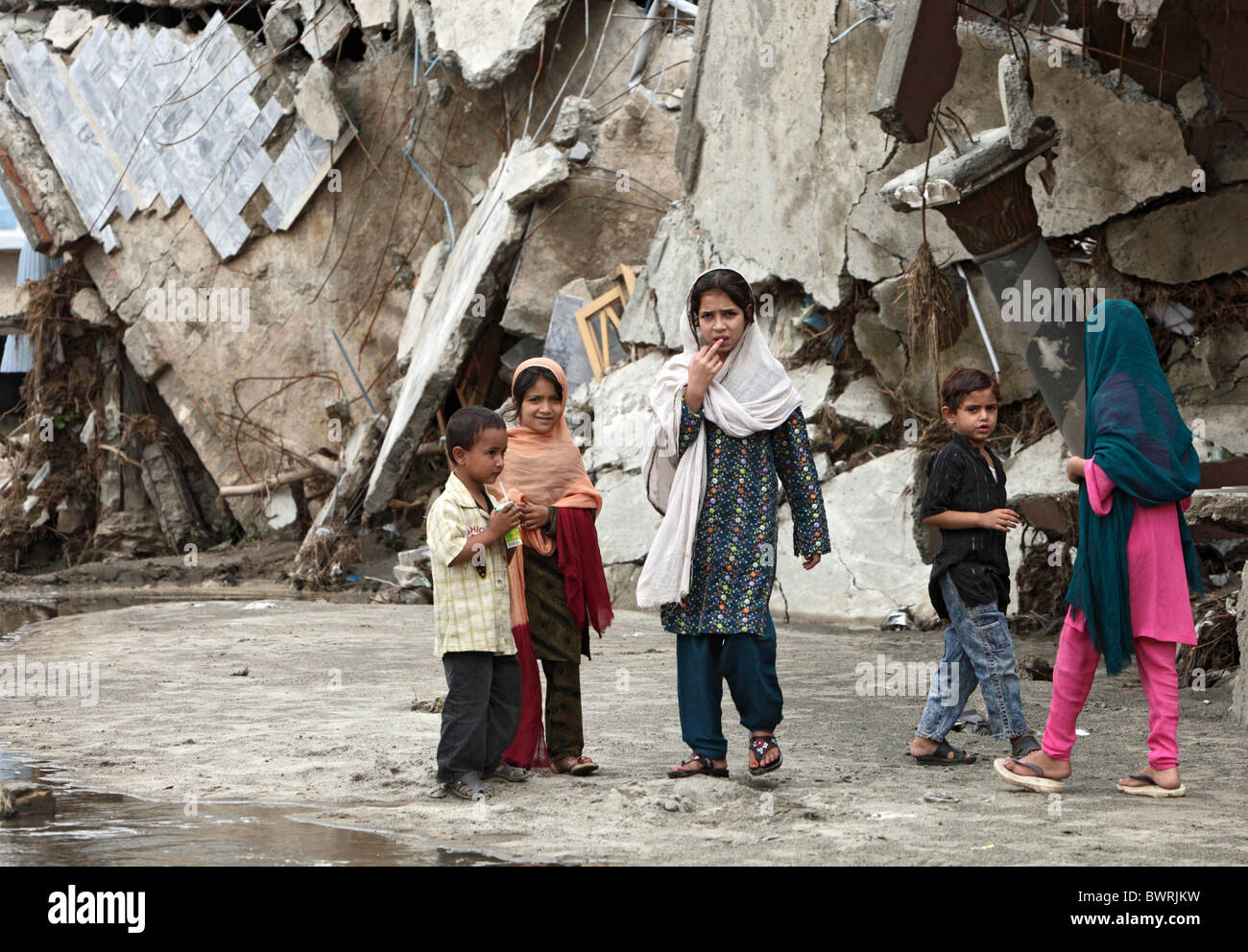 Destroyed house on the bank of Swat River, Mingora, Pakistan Stock Photo