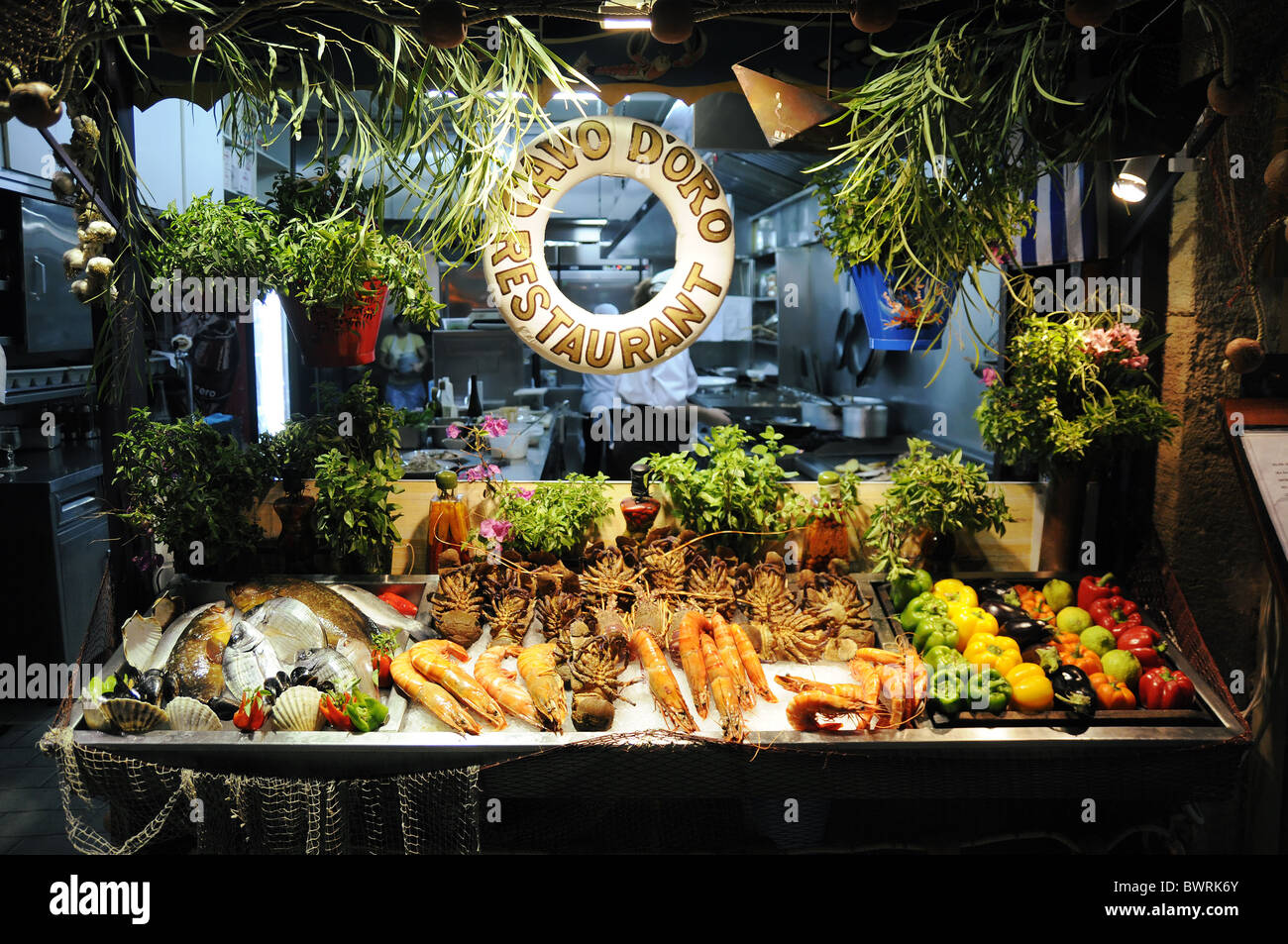 Seafood display of Cavo Doro restaurant in Rethymno, Crete Stock Photo