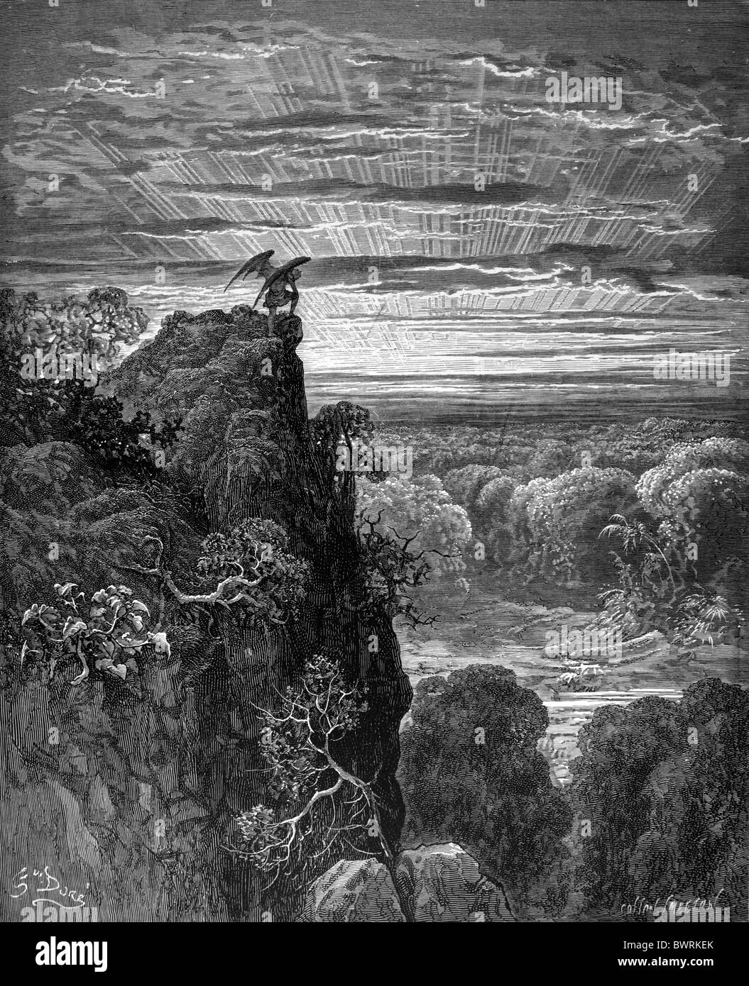 Gustave Doré; Satan Overlooking Paradise from John Milton's Paradise Lost; Black and White Engraving Stock Photo