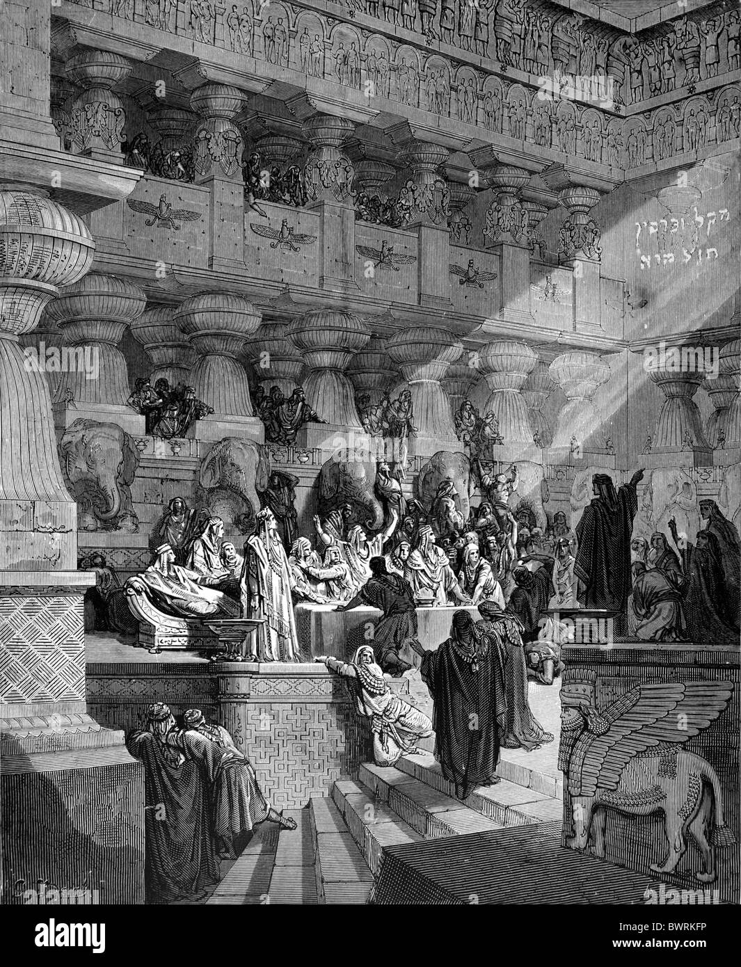 Gustave Doré; Daniel Interpreting the Writing on the Wall; Black and White Engraving Stock Photo