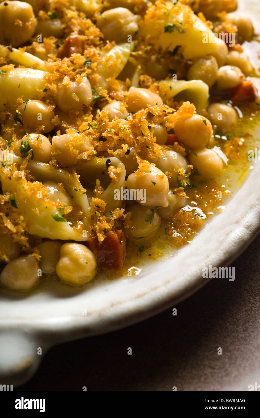 Conchiglie with Chickpeas, Chorizo and Breadcrumbs. Stock Photo