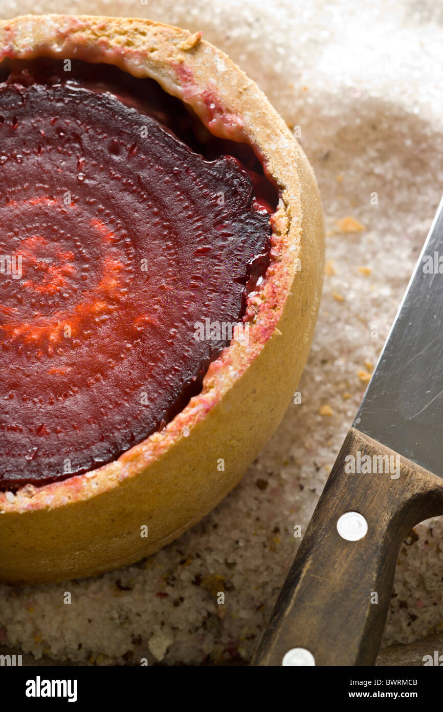 Salt-Baked Beet with Sweetbread and Prune Sauce prepared by Mads Refslund, Chef of MR Restaurant, in Copenhagen, Denmark. Stock Photo
