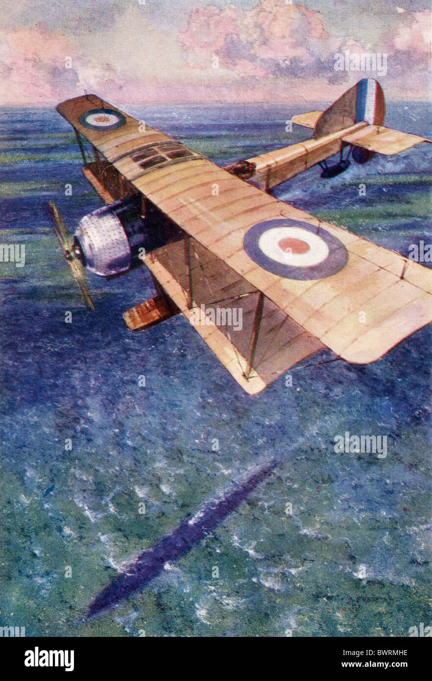 A seaplane of the England's Royal Naval Air Service tracking a German submarine during the First World War. Stock Photo