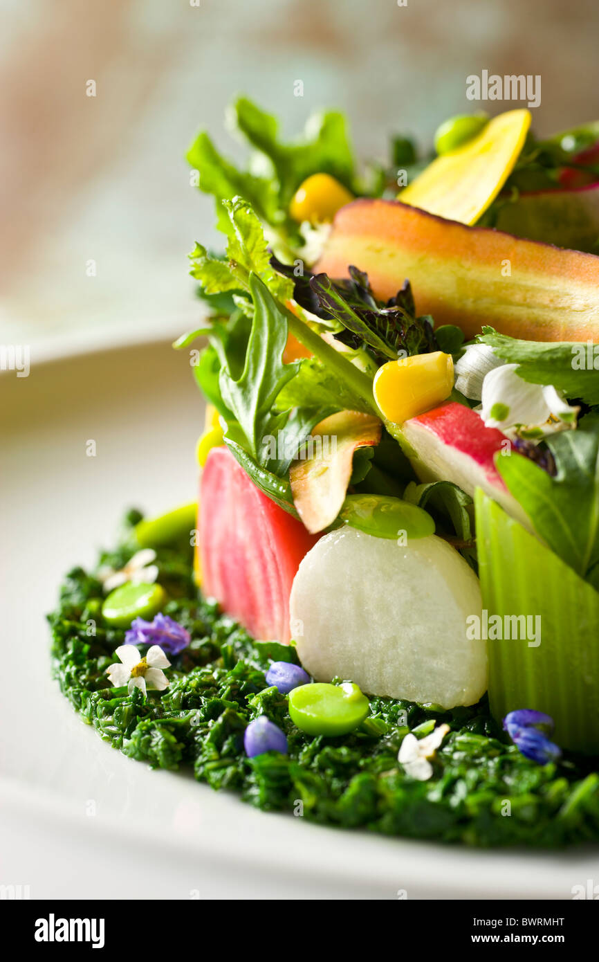 A variety of crisp and tender with crushed herbs prepared by Tony Esnault, Executive Chef of Adour at The St. Regis New York. Stock Photo