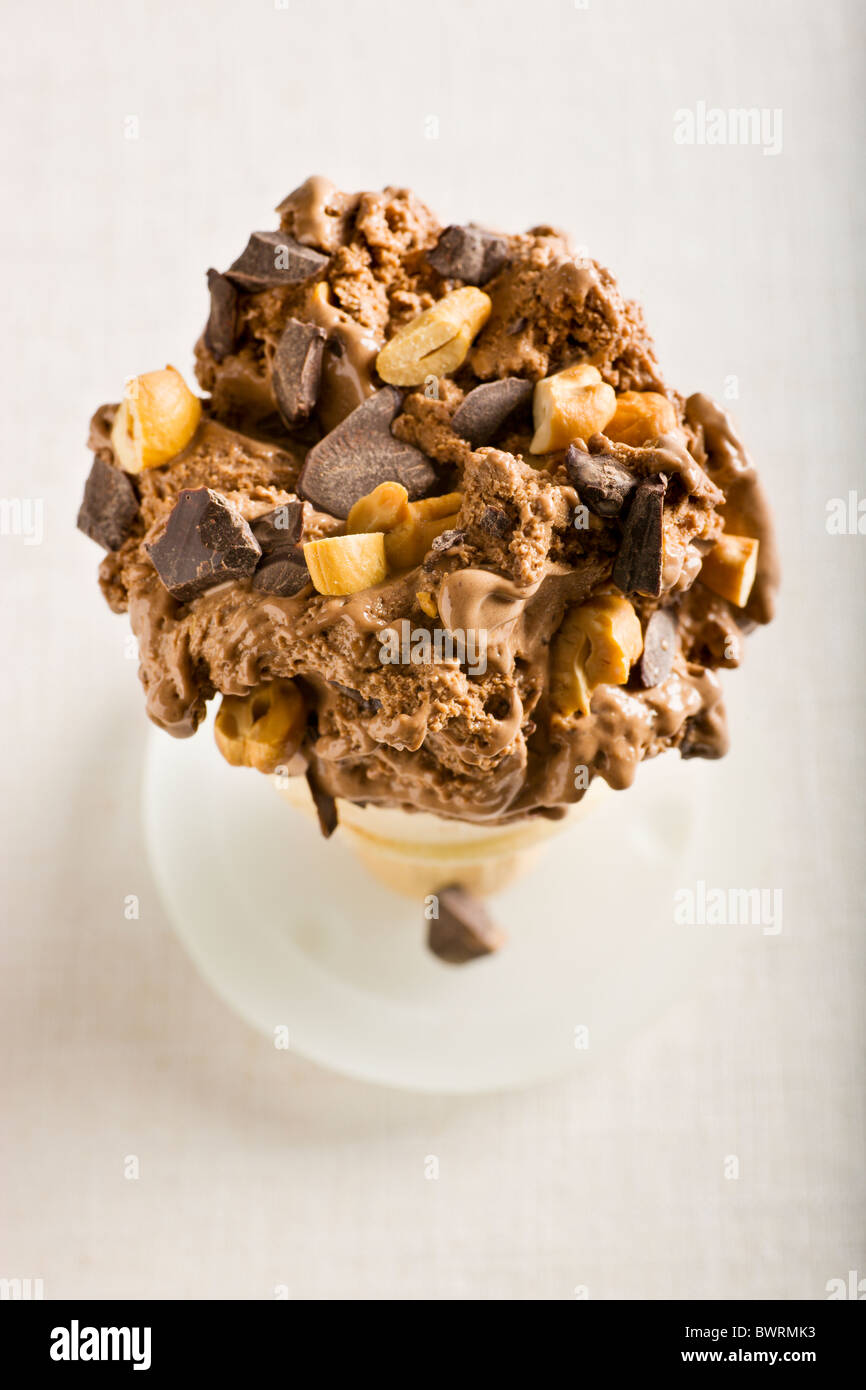 Chocolate Ice Cream with Chocolate Chunks and Chopped Salted Cashews Stock Photo