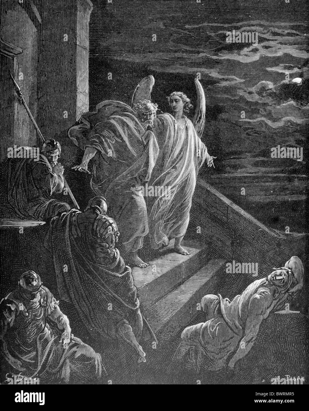Gustave Doré; Saint Peter delivered from Prison; Black and White Engraving Stock Photo