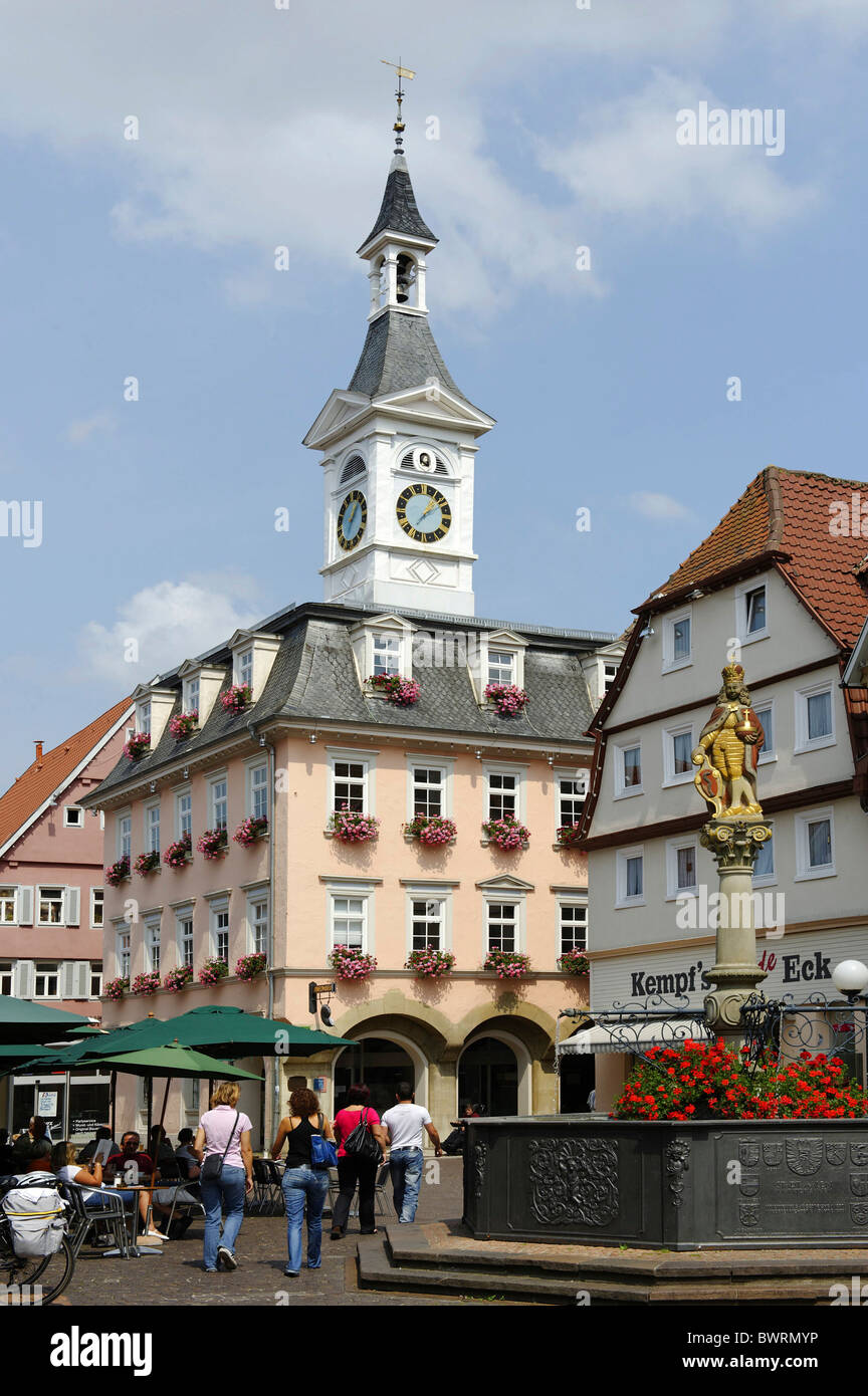 Old town hall and market fountain with sculpture of Emperor Josef I, Aalen, Baden-Wuerttemberg, Germany, Europe Stock Photo