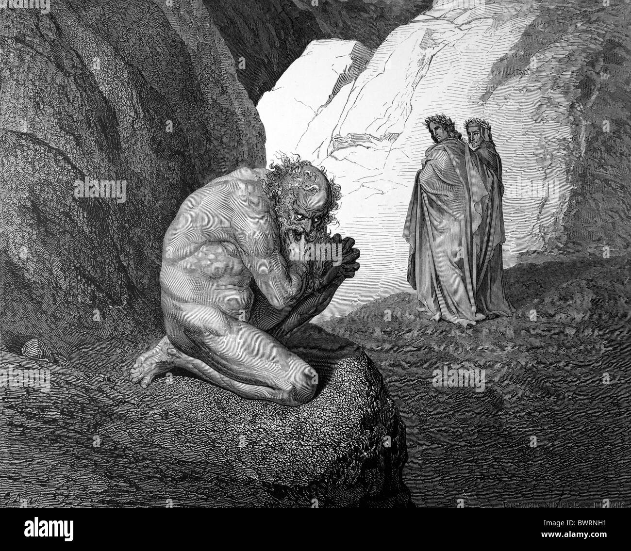 Gustave Doré; Dante and Virgil meet Plutus, Guardian of the Fourth Circle of Hell from Dante Alighieri's Divine Comedy Stock Photo