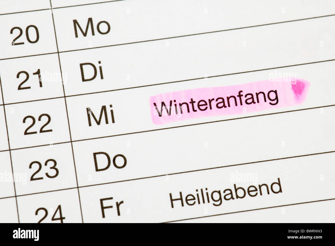 Appointment calender, winter solstice, start of winter Stock Photo
