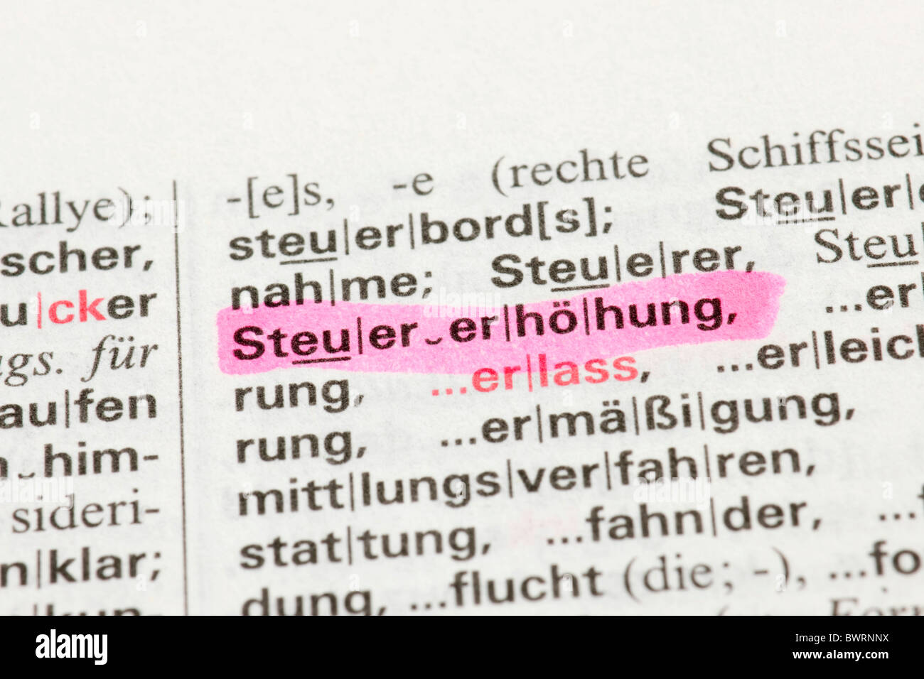 Dictionary entry, Steuererhoehung, German for tax increase Stock Photo